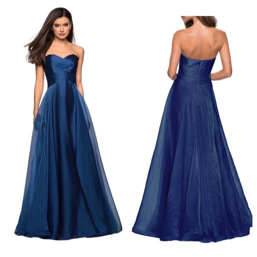 La Femme Elegant Floor Length Chiffon Dress Strapless Size Navy Blue 8 NWT